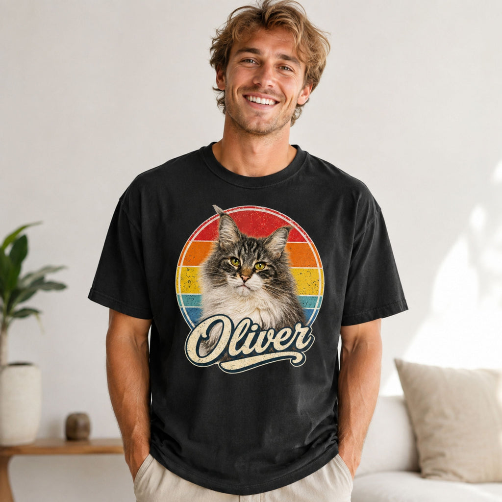Custom Cat Shirt – Personalized Retro Pet Portrait T-Shirt.
