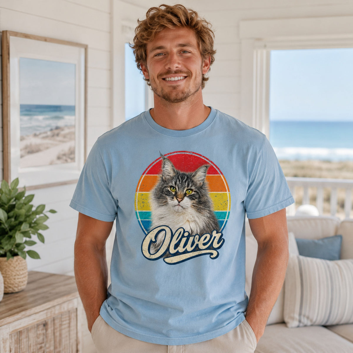 Custom Cat Shirt – Personalized Retro Pet Portrait T-Shirt.