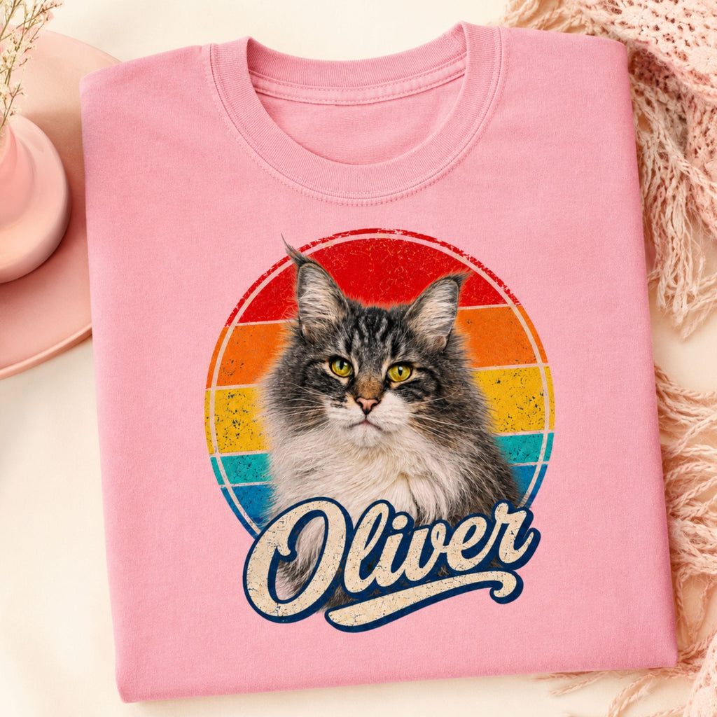Custom Cat Shirt – Personalized Retro Pet Portrait T-Shirt.