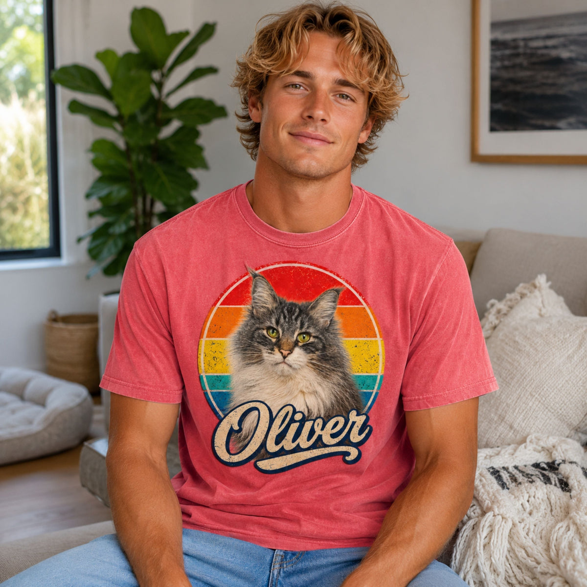 Custom Cat Shirt – Personalized Retro Pet Portrait T-Shirt.