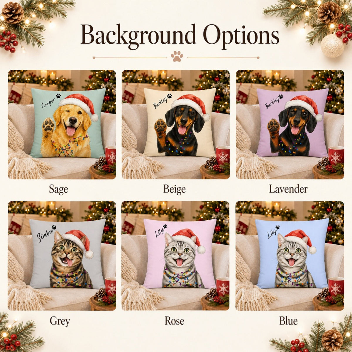 Custom Watercolor Christmas Pet Pillow with Name