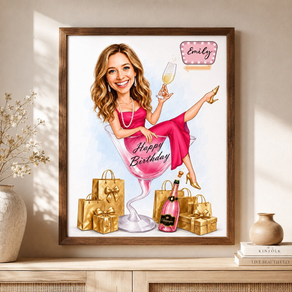 Custom Female Birthday Caricature Portrait – Personalized Gift.