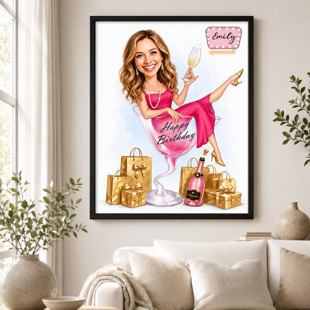 Custom Female Birthday Caricature Portrait – Personalized Gift.