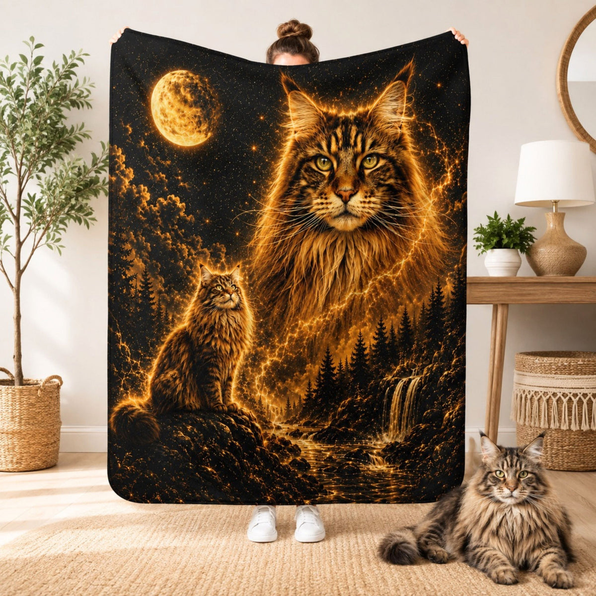 Custom Cat Moon Watercolor Blanket – Personalized Celestial Portrait