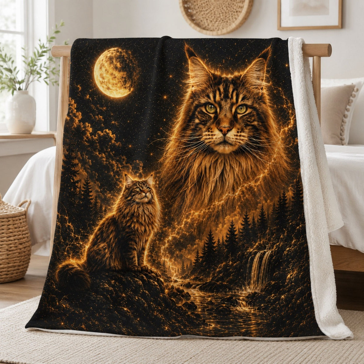 Custom Cat Moon Watercolor Blanket – Personalized Celestial Portrait