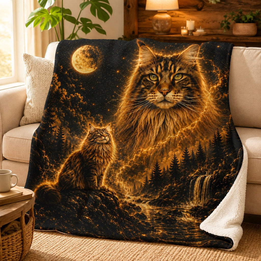 Custom Cat Moon Watercolor Blanket – Personalized Celestial Portrait
