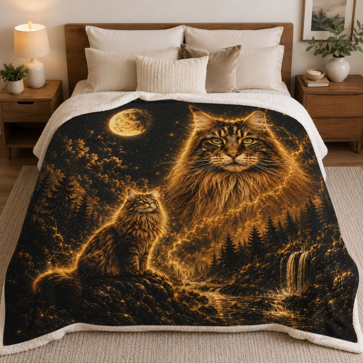 Custom Cat Moon Watercolor Blanket – Personalized Celestial Portrait