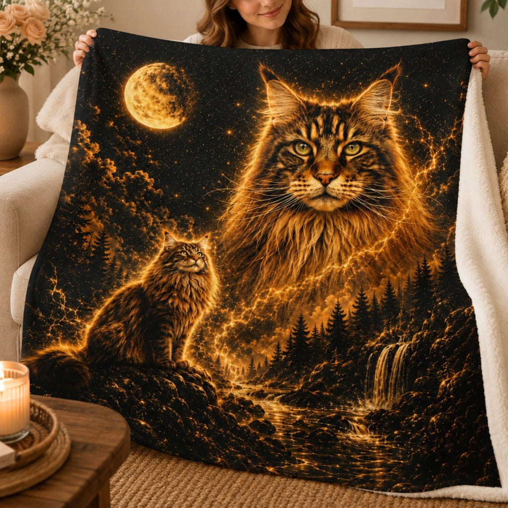Custom Cat Moon Watercolor Blanket – Personalized Celestial Portrait