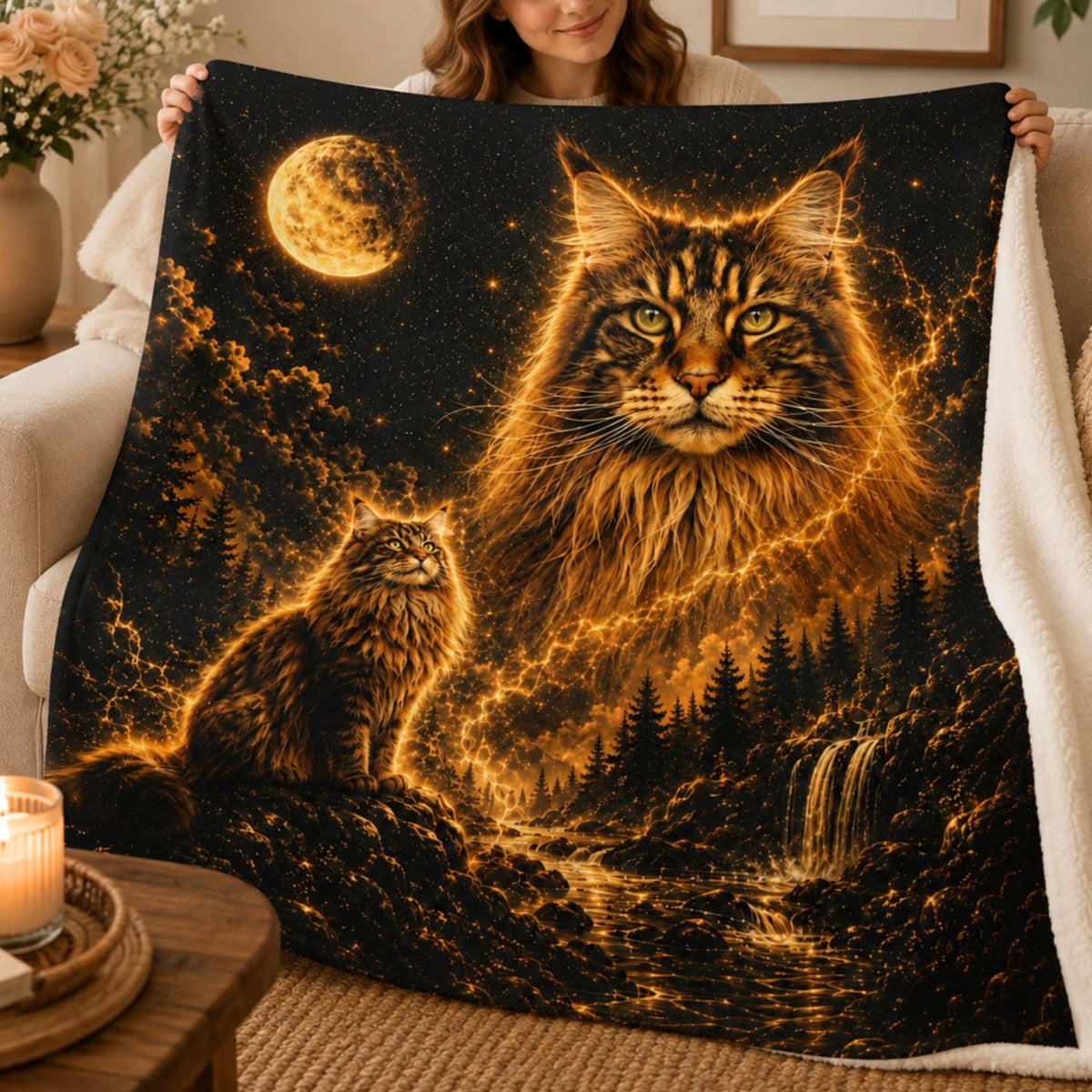 Custom Cat Moon Watercolor Blanket – Personalized Celestial Portrait