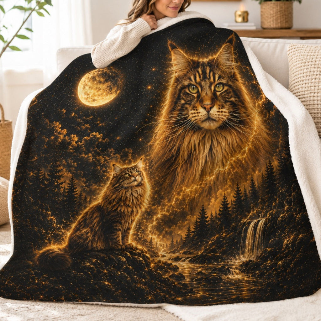 Custom Cat Moon Watercolor Blanket – Personalized Celestial Portrait
