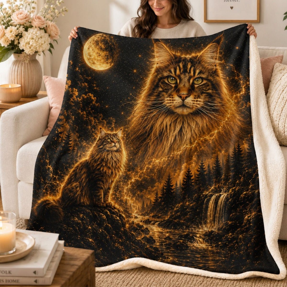 Custom Cat Moon Watercolor Blanket – Personalized Celestial Portrait
