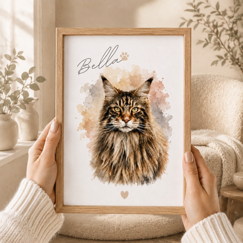 Custom Cat Memorial Portrait – Personalized Watercolor Art.