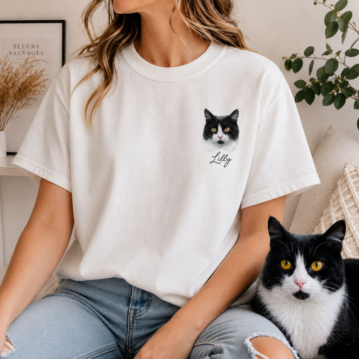 Custom Cat Shirt with Personalized Minimalist Pet Portrait.