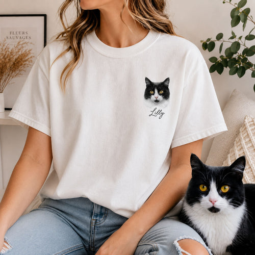 Custom Cat Shirt with Personalized Minimalist Pet Portrait.