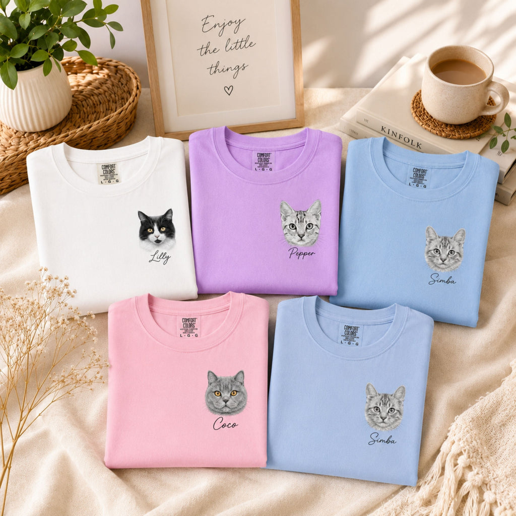 Custom Cat Shirt with Personalized Minimalist Pet Portrait.