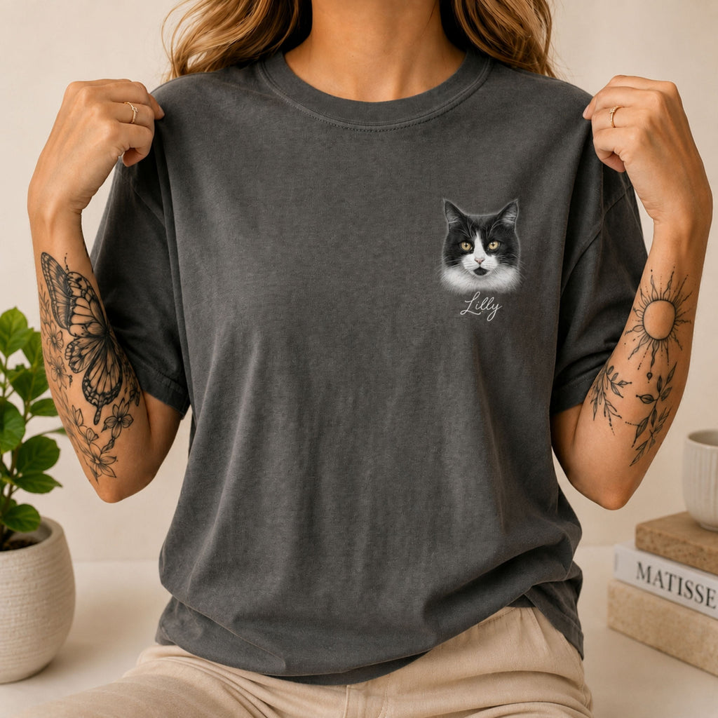 Custom Cat Shirt with Personalized Minimalist Pet Portrait.
