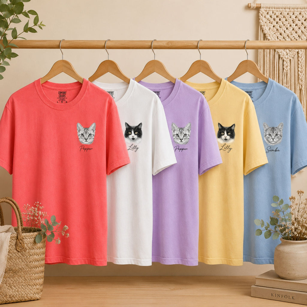 Custom Cat Shirt with Personalized Minimalist Pet Portrait.