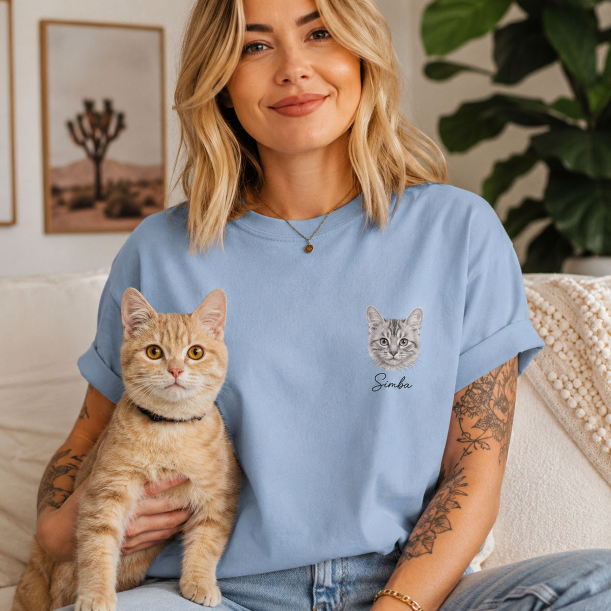 Custom Cat Shirt with Personalized Minimalist Pet Portrait.
