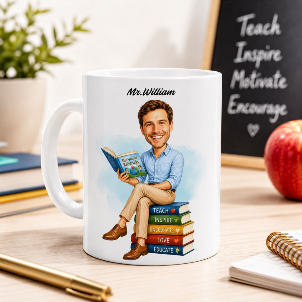 Personalized Elementary Teacher Caricature Mug from Photo – Custom Gift.