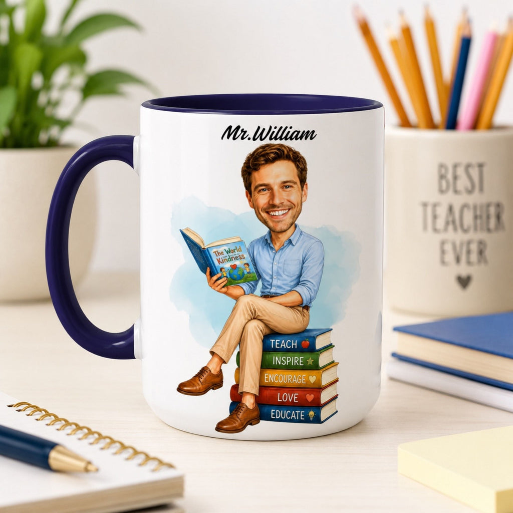 Personalized Elementary Teacher Caricature Mug from Photo – Custom Gift.
