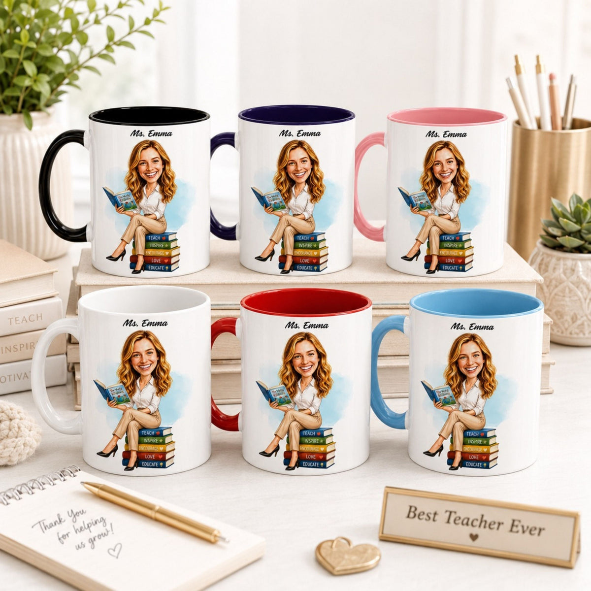 Custom Elementary Teacher Caricature Mug – Personalized Gift.