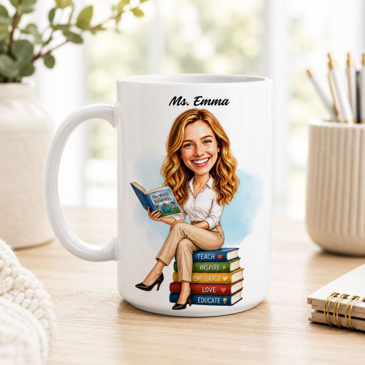 Custom Elementary Teacher Caricature Mug – Personalized Gift.