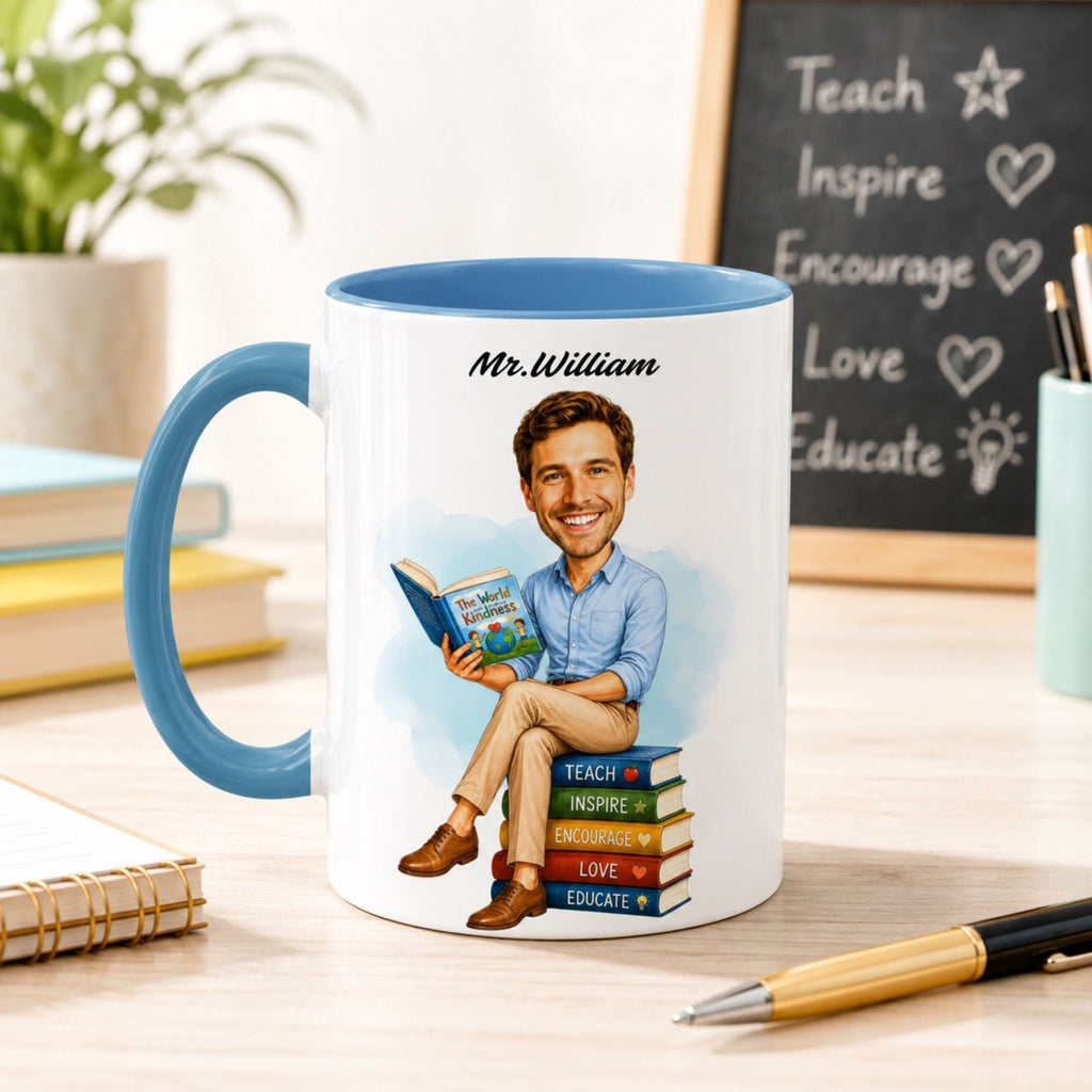 Personalized Elementary Teacher Caricature Mug from Photo – Custom Gift.