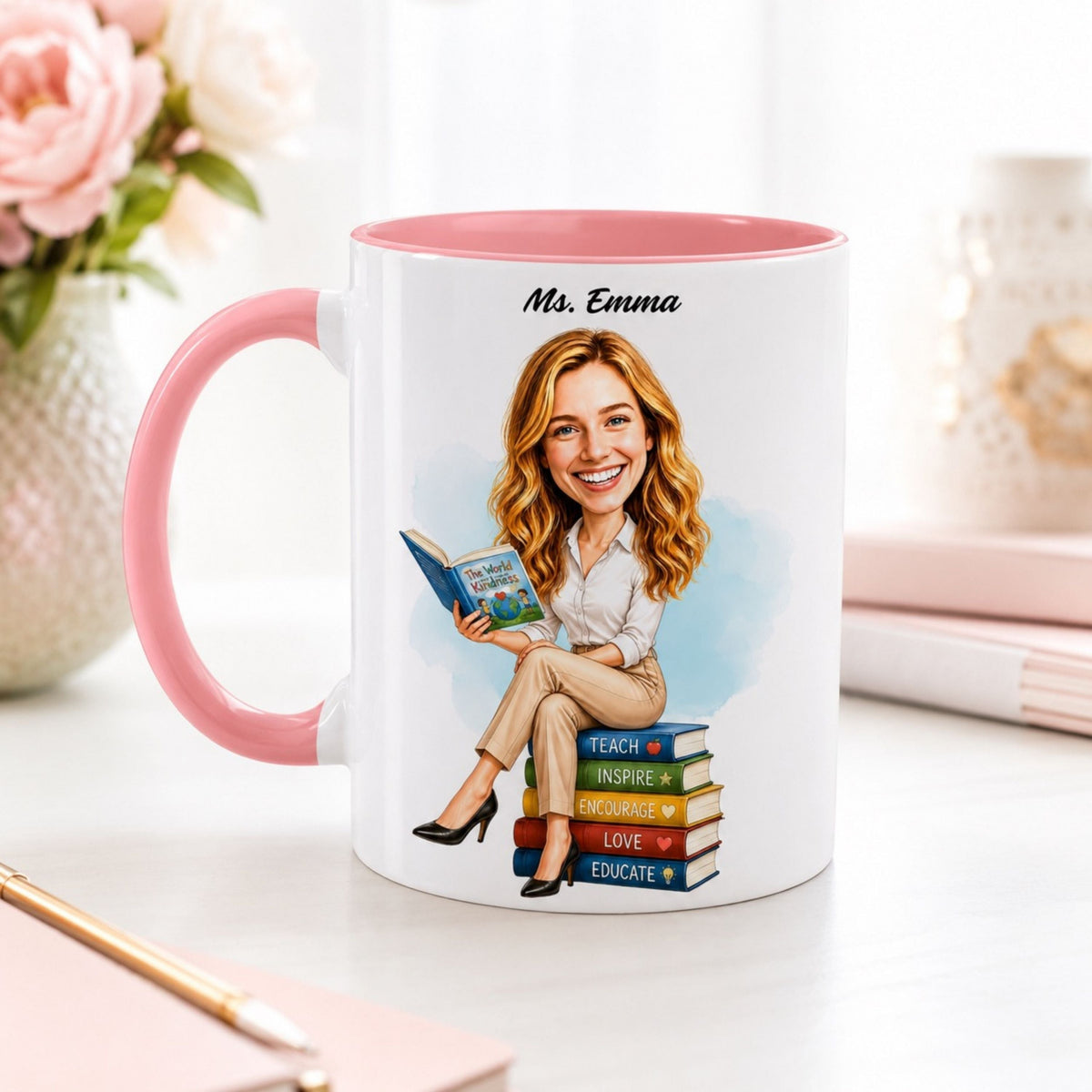 Custom Elementary Teacher Caricature Mug – Personalized Gift.