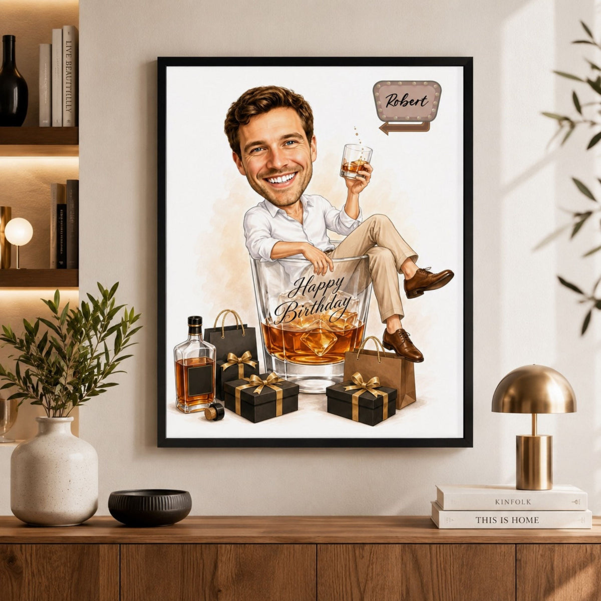 Custom Male Birthday Caricature – Whiskey Gift Portrait.