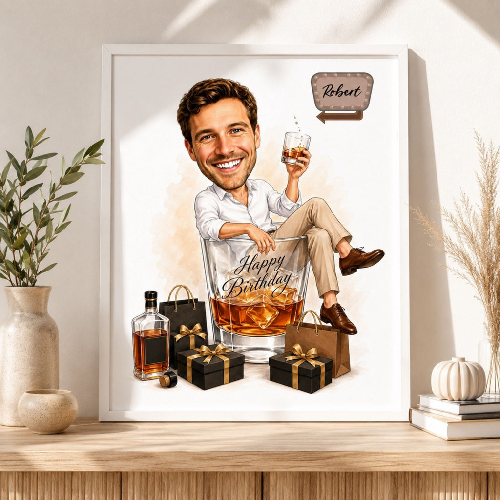 Custom Male Birthday Caricature – Whiskey Gift Portrait.