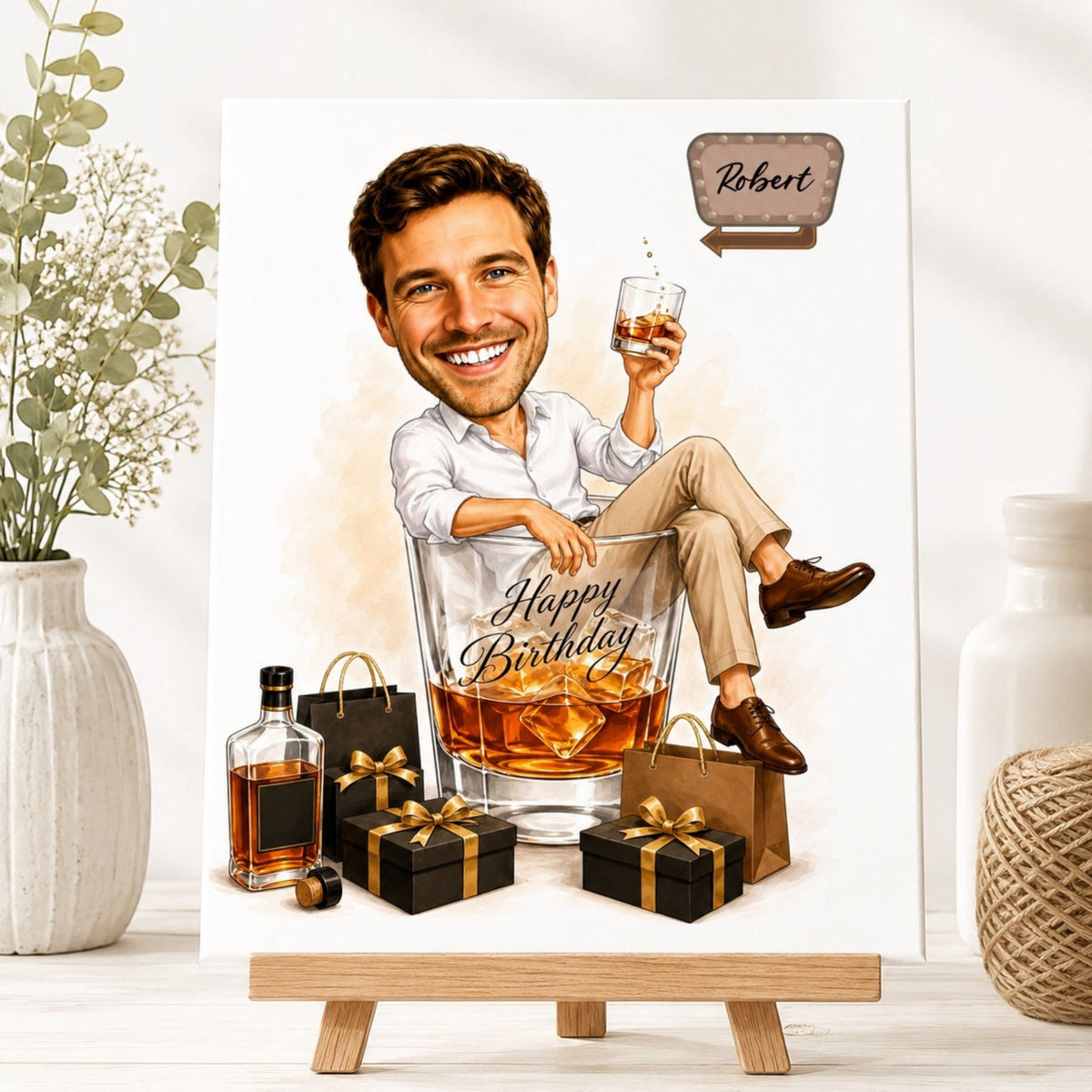 Custom Male Birthday Caricature – Whiskey Gift Portrait.
