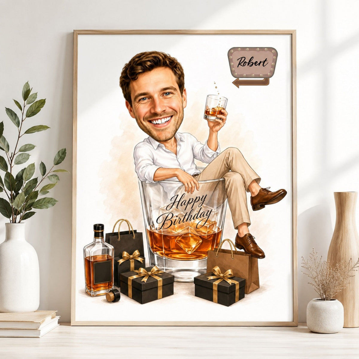 Custom Male Birthday Caricature – Whiskey Gift Portrait.