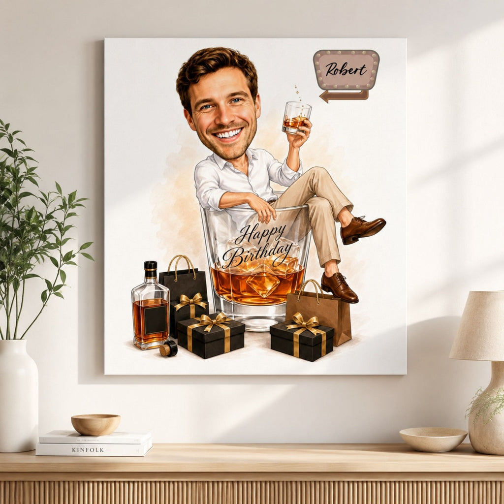 Custom Male Birthday Caricature – Whiskey Gift Portrait.