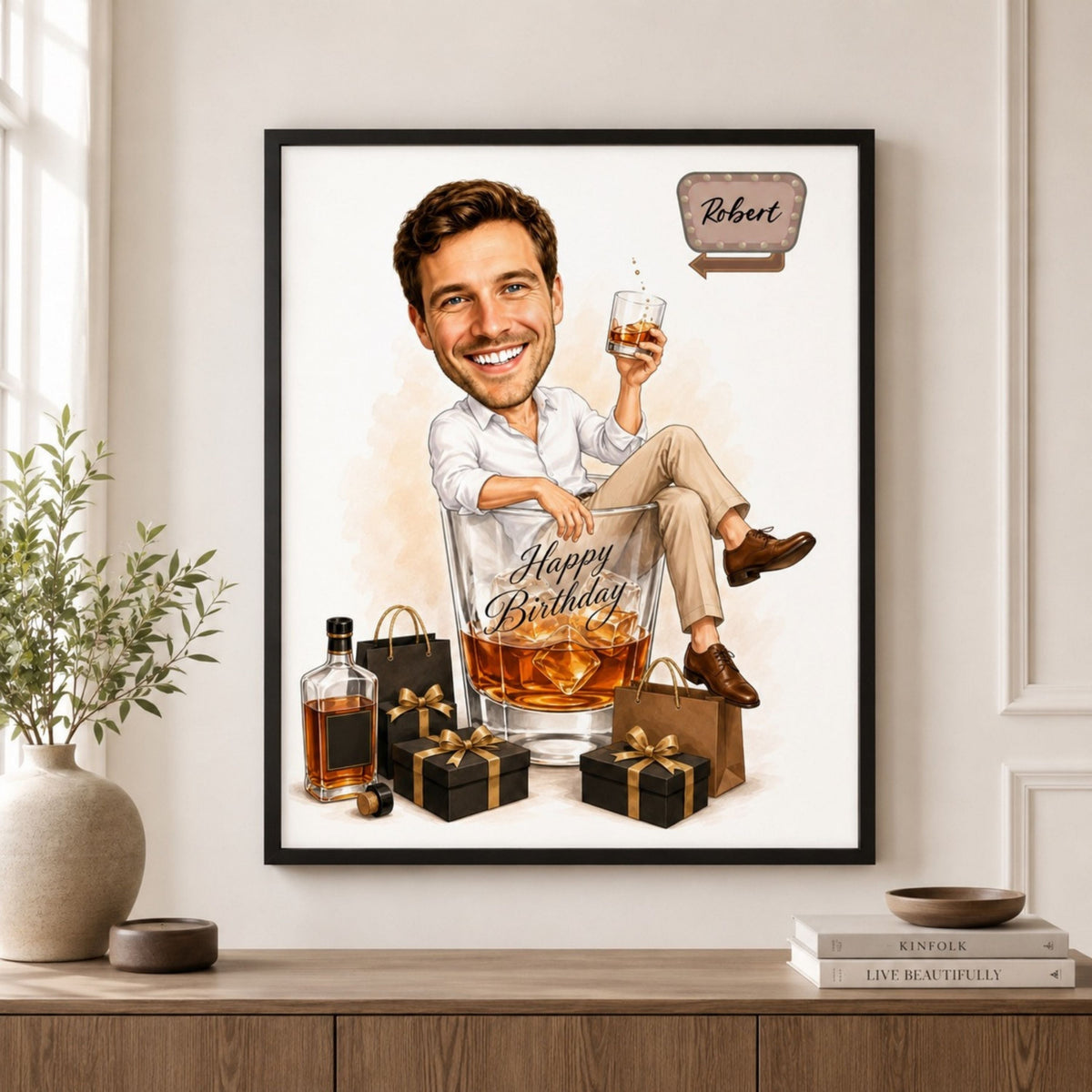 Custom Male Birthday Caricature – Whiskey Gift Portrait.