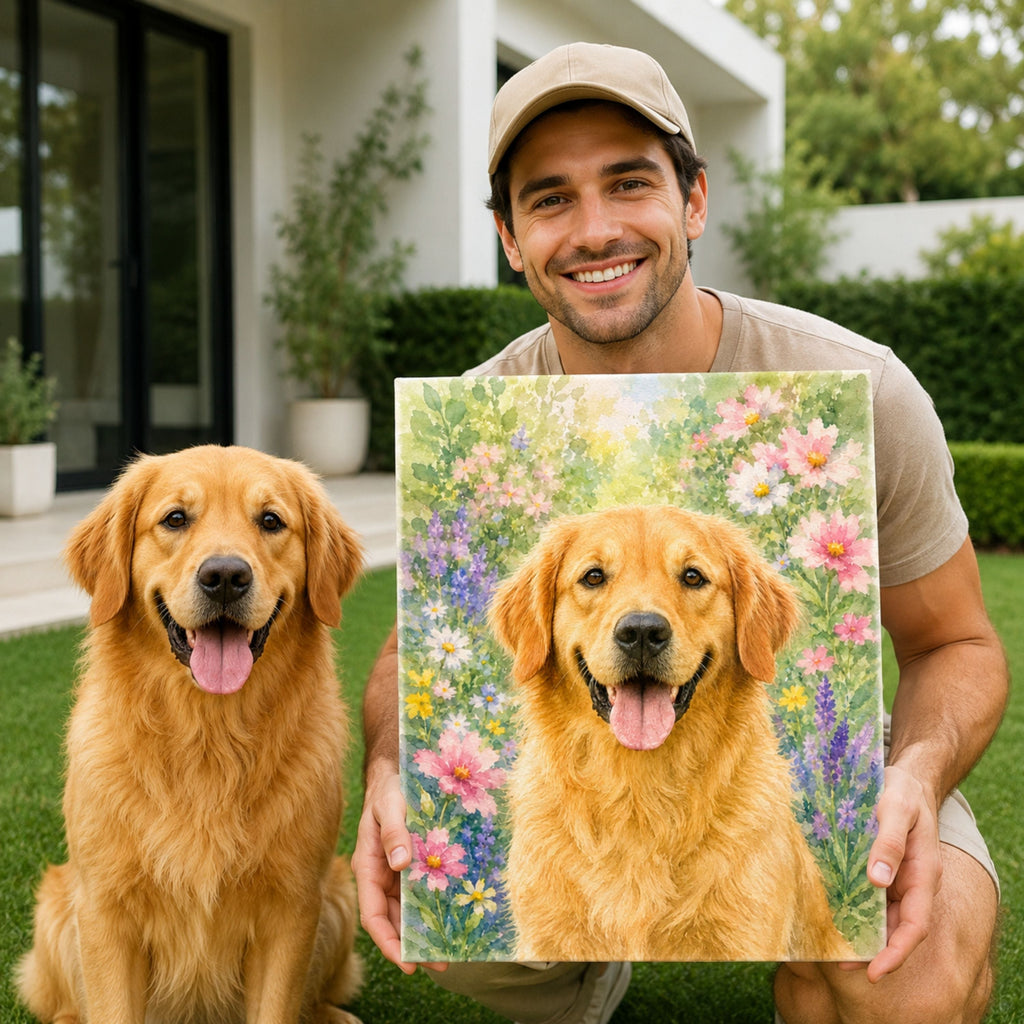 Custom Watercolor Pet Portrait from Photo | Personalized Floral Dog Art.