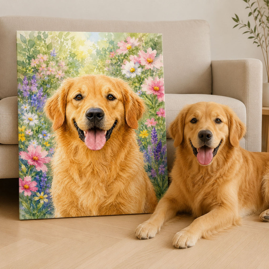 Custom Watercolor Pet Portrait from Photo | Personalized Floral Dog Art.