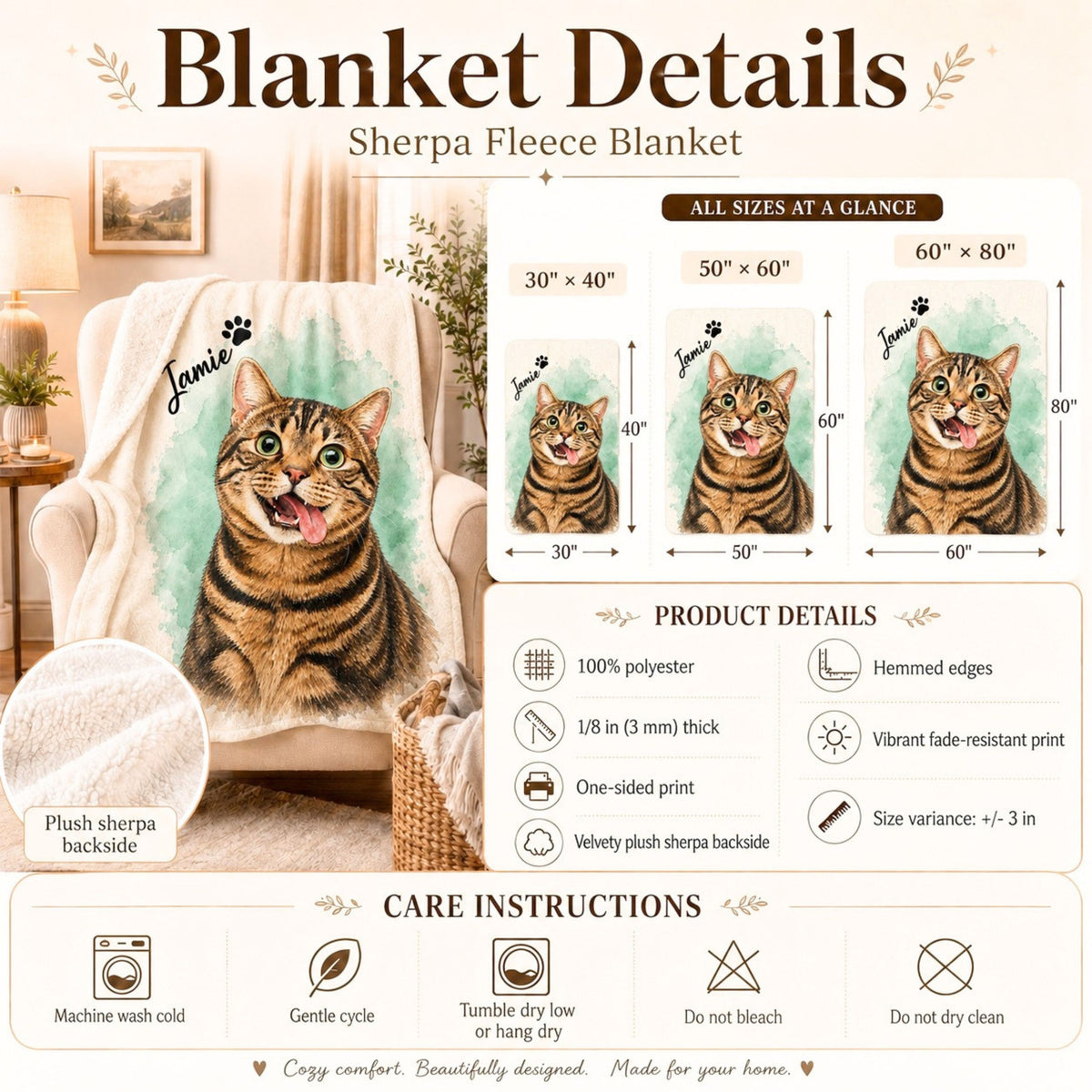Custom Cat Watercolor Blanket – Personalized Pet Portrait