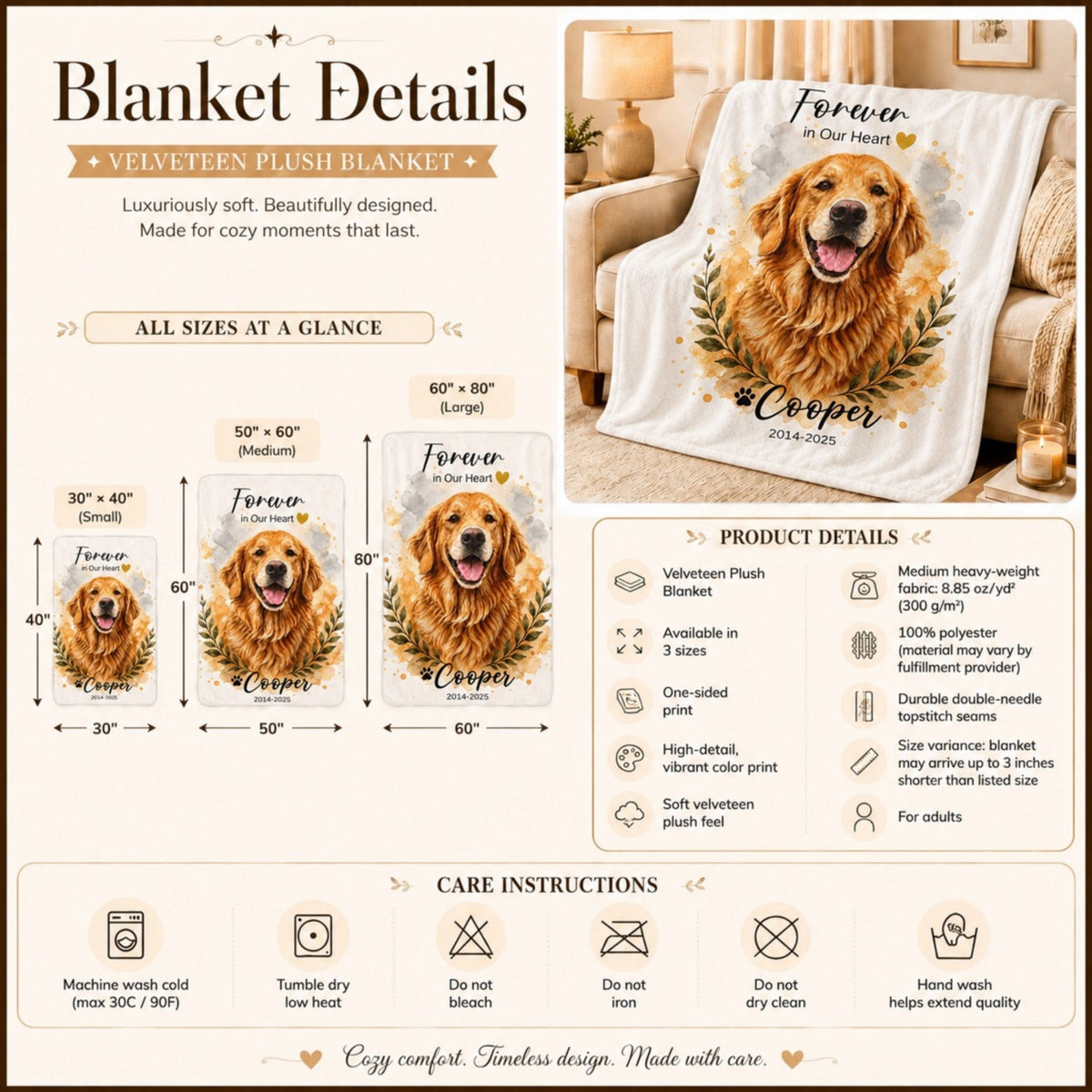 Custom Watercolor Pet Memorial Blanket with Name & Dates