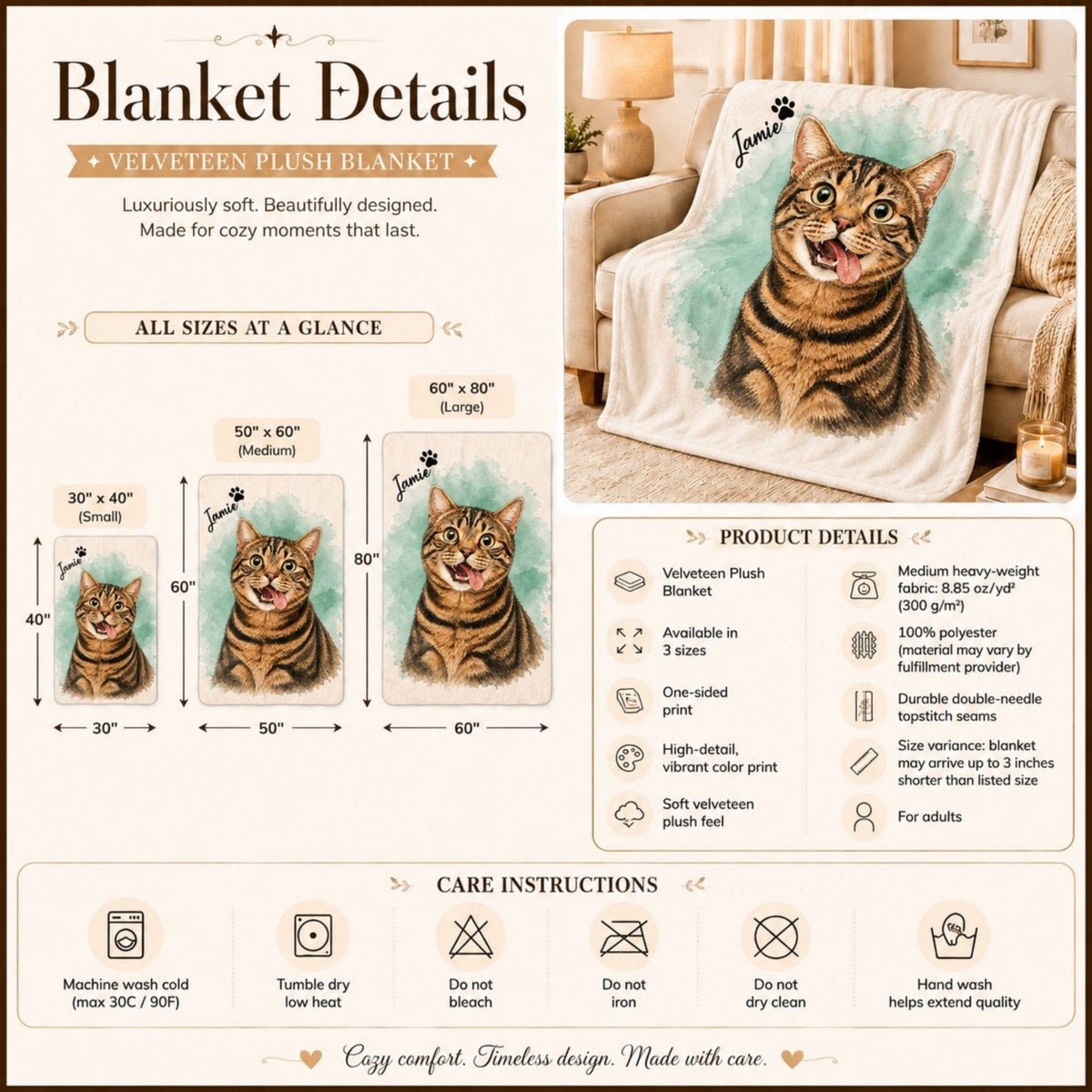 Custom Cat Watercolor Blanket – Personalized Pet Portrait
