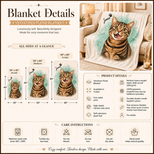 Custom Cat Watercolor Blanket – Personalized Pet Portrait