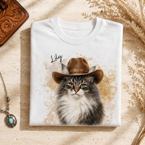 Custom Cat Shirt – Personalized Western Watercolor Portrait.