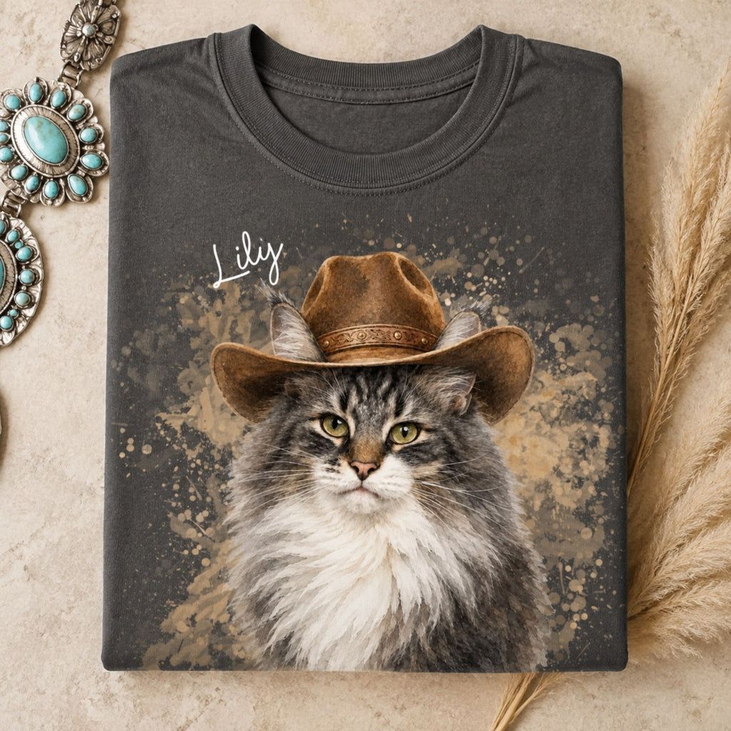 Custom Cat Shirt – Personalized Western Watercolor Portrait.