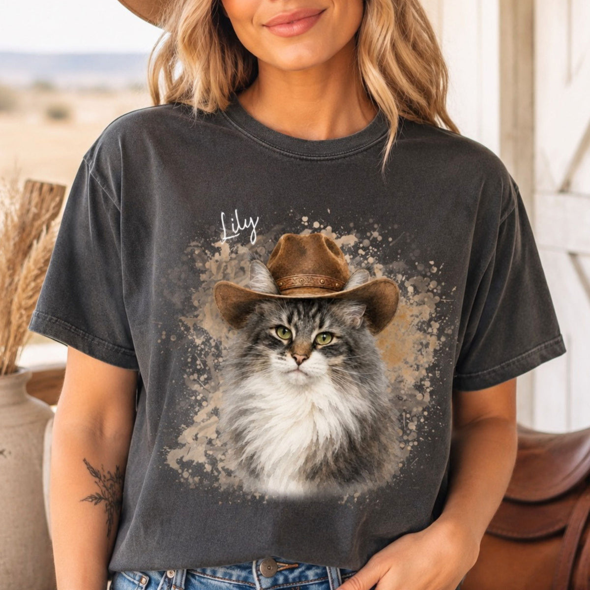 Custom Cat Shirt – Personalized Western Watercolor Portrait.