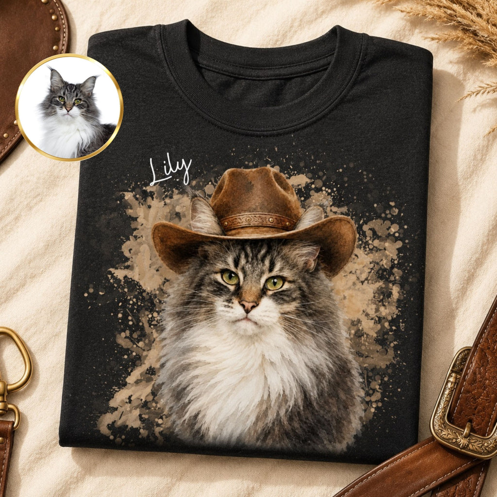 Custom Cat Shirt – Personalized Western Watercolor Portrait.