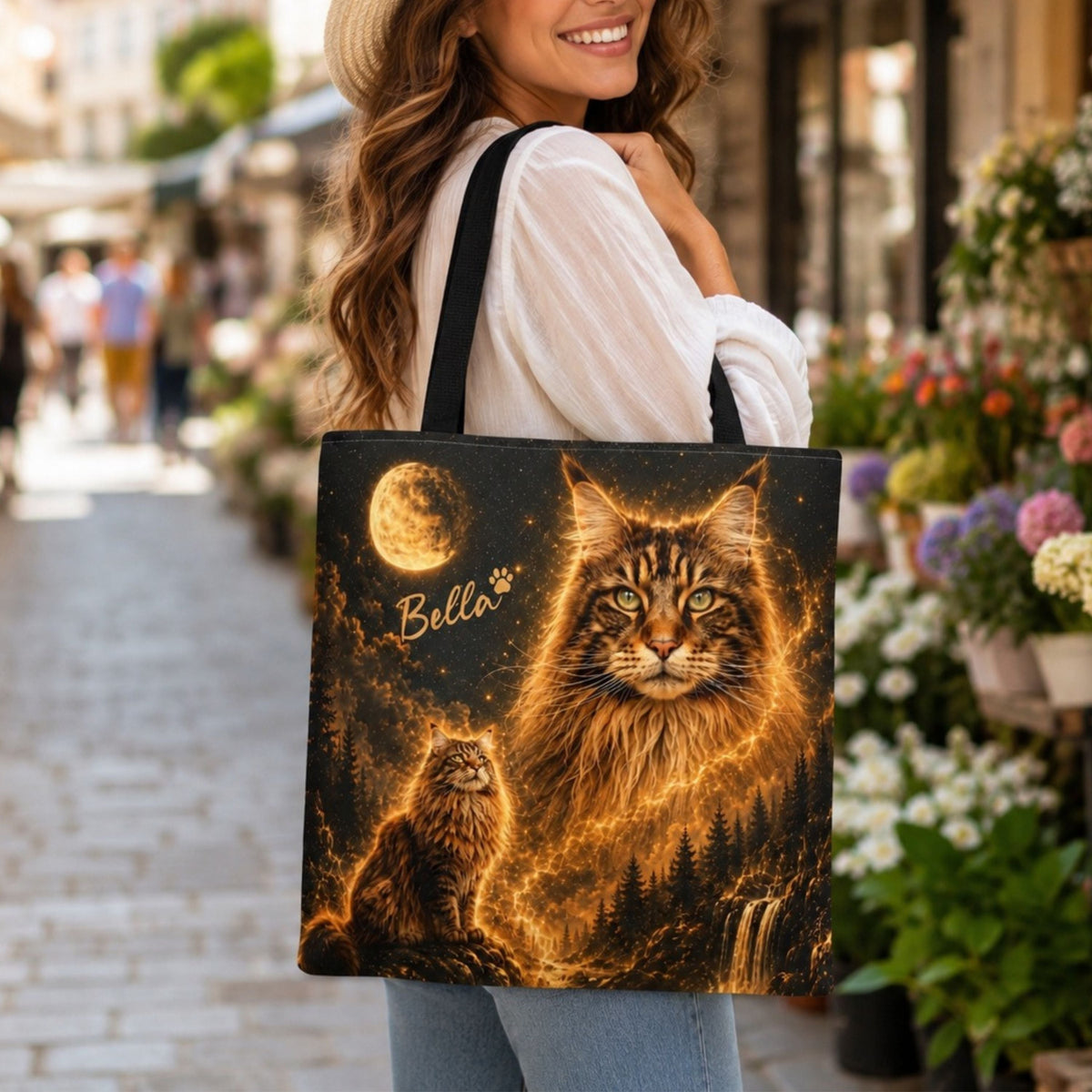 Custom Cat Moon Tote Bag – Personalized Celestial Pet Portrait