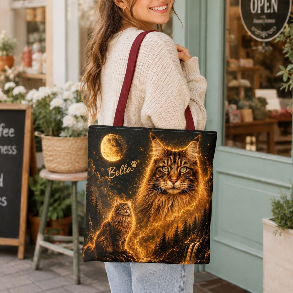 Custom Cat Moon Tote Bag – Personalized Celestial Pet Portrait