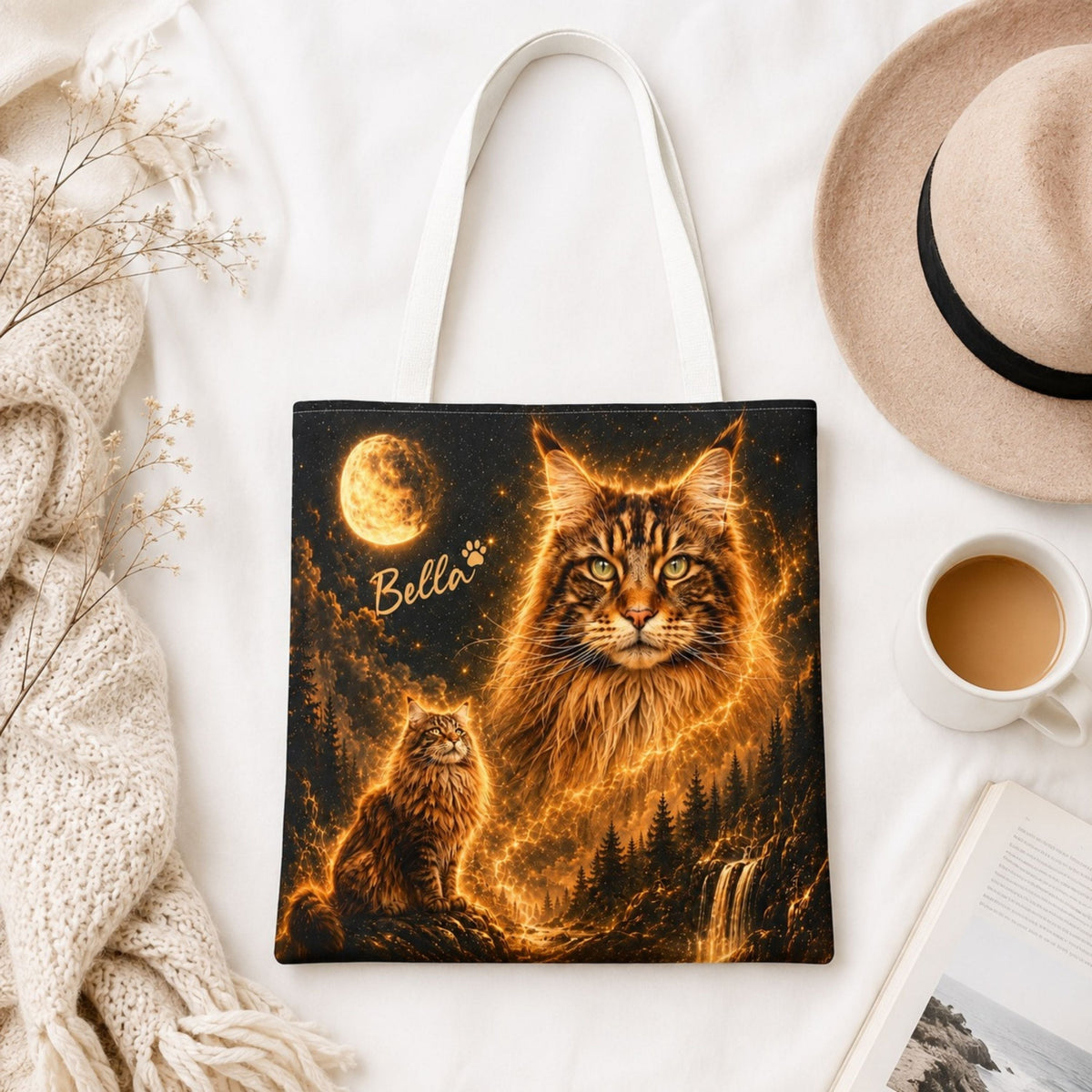 Custom Cat Moon Tote Bag – Personalized Celestial Pet Portrait