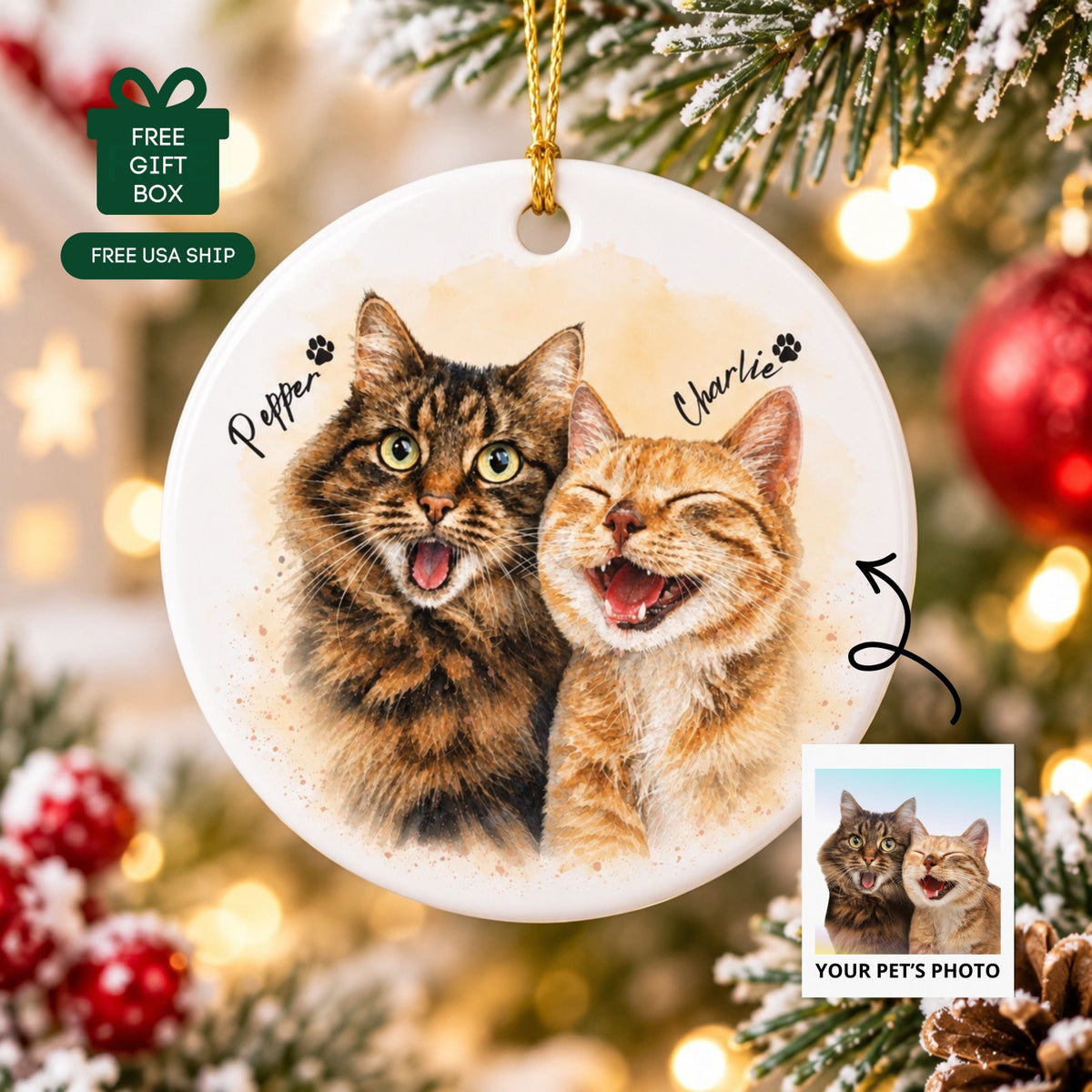 Custom Watercolor Cat Ornament – Personalized Pet Portrait