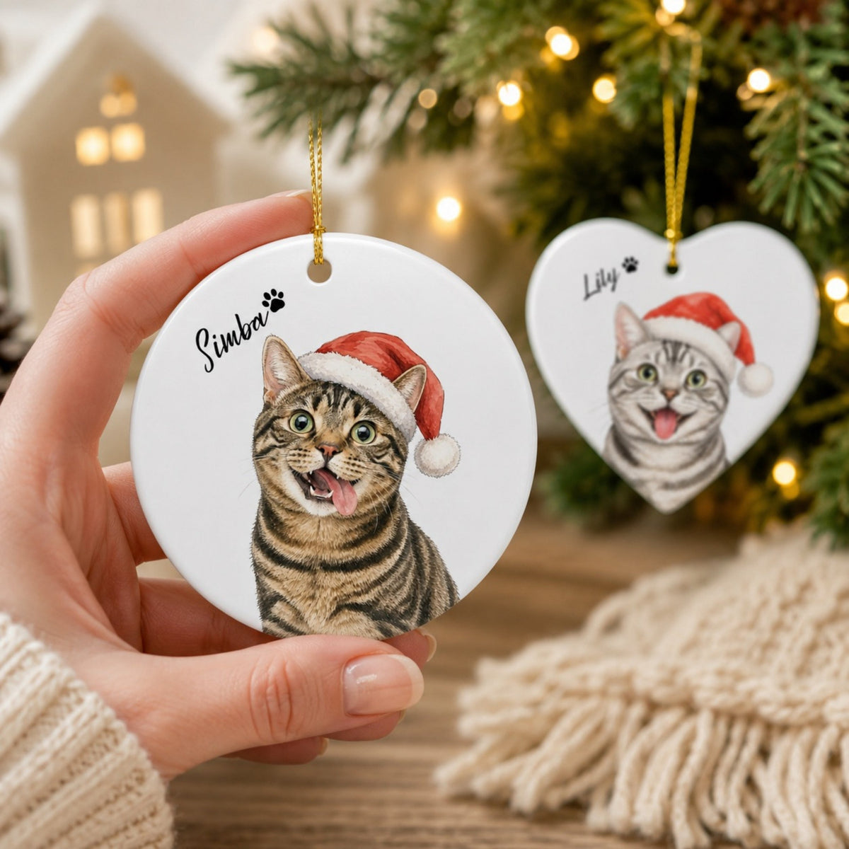 Funny Cat Christmas Ornament – Personalized Santa Portrait