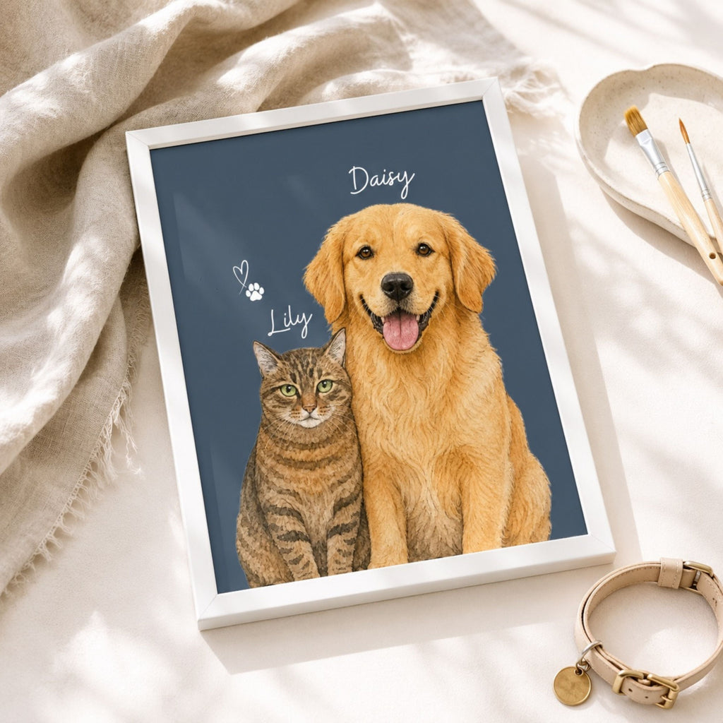 Custom Two Pet Portrait from Photo | Personalized Wall Art.
